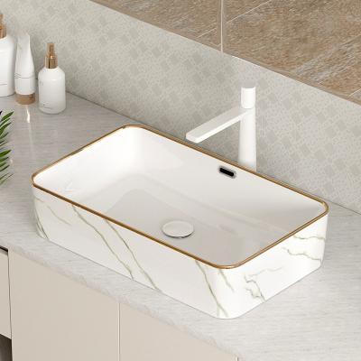 China New Arrival Good Quality Modern Ceramic Marble White Pattern Wash Basin With Gold Line Rectangular Shape Bathroom Sink for sale