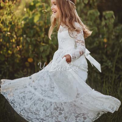 China Breathable White Lace Rustic Dresses Long Sleeve Flower Girl Dresses Wedding Kids , Lace Wedding Girls Dress for sale