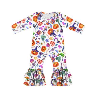 China Cozy Baby Clothes Halloween Long Sleeve Romper Newborn Baby Kids Jumpsuit Kid Flared Fabric Pumpkin Printed Ruffles Zip Up Kid Overalls for sale