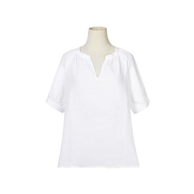 China Breathable Summer Casual white simple Ladylike Pretty Solid color Short Sleeve Breathable 100% linen v-neck t-shirt for sale