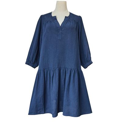 China Anti-Static Spring&Summer Dark Blue Fashion Vintage Ladylike tender Linen V-neck Longsleeve Dresses for sale