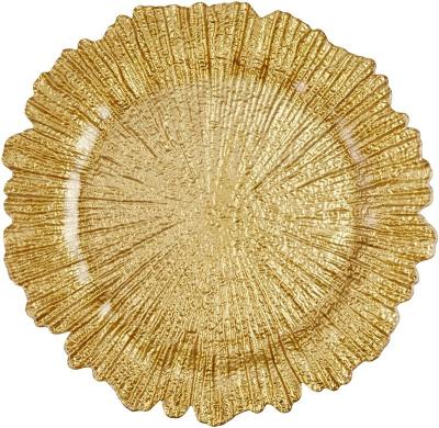 China Disposable Wholesale Event Sunflower Shape Glass Gold Reef Charger Dishes for sale