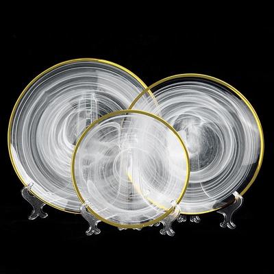 China Wholesale Disposable Decorative White Cloud Charger Glass Dish With Gold Rim for sale