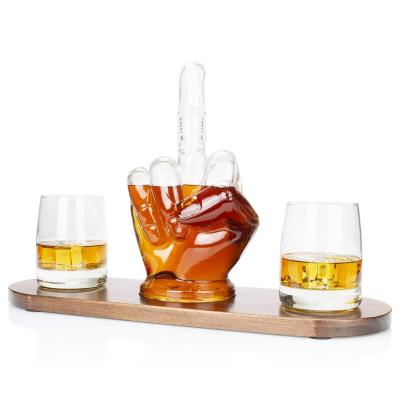 China Eco-Friendly Unique Novelty Wood Base Threaded Middle Finger Whiskey Decanter Set for sale