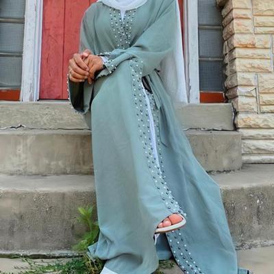 China Middle East Arab Fashion Turkey Muslim Lace Up Cardigan Robe Elegant Beaded Abaya Long For Women C9092 for sale