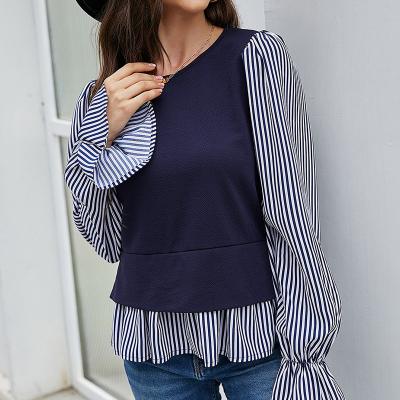 China QUICK DRY round loose sleeves blouse collar autumn striped shirt flared sleeves shirt blouse for sale