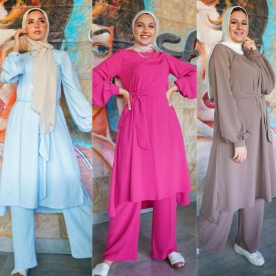 China Turkey Muslim Women Suit Long Sleeve Tops Islamic Wide Leg Pants Two Piece Set 2 Piece Abaya Outfits Female Blouses C9152 for sale