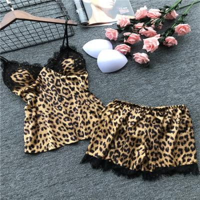 China Women's Artificial Silk Home Wear Women's Pajamas Breathable Leopard Print Pajamas Suit for sale