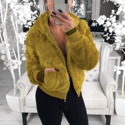 China Anti-Wrinkle Ladies Short Zipper-up Jacket With Hooded Rabbit Fur For Warm Casual Ladies Long Sleeve Solid-Color Coat for sale