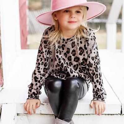 China Casual Leopard Print Little Girl Sweater Long Sleeve Leather Pants Wear Outer Skinny Pants Two Piece Set for sale