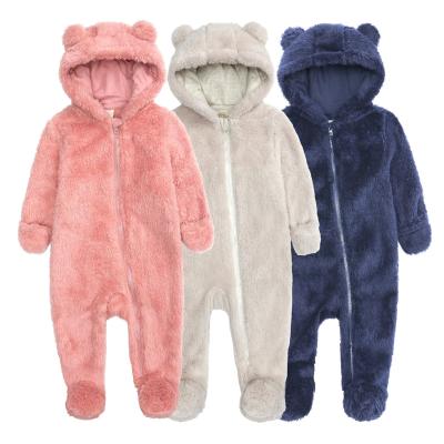 China Eco-friendly Washable Breathable Hooded Thickening Plush Overalls Baby Fleece Thermal Thickened Overalls for sale