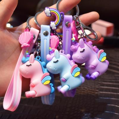 China Car Ring Accessories Finger Ring Key Rubber Chain With Metal Hook Lovely Cartoon Unicorn With Colorful Rainbow Pendant Key Ring for sale