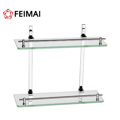 China Wall Mounted Type Bathroom Chrome Double Layers Glass Storage Rack Corner Shelves for sale