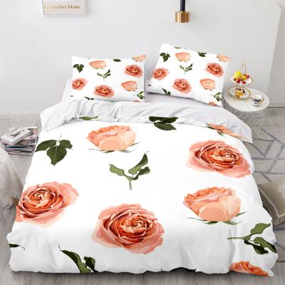 China 3 Pcs Portable Bedding Bed Set OEM Creamy Roses Wedding Flowers 100% Polyester Print Duvet Cover Set for sale