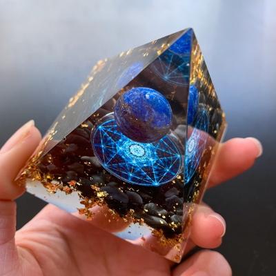 China Europe 6cm Fairy Table Home Decor Resin Open Lazulite Obsidian Chips Stone Orgonite Pyramid Energy Converter Orgone Ball Pyramid for sale