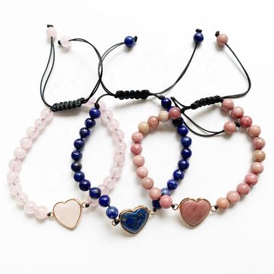 China BOHEMIA Adjustable Bracelet Gemstone Lazulite Rhodochrosite Beads Love Connector Knotted Rope Bracelets Adjustable Heart Charms Crystal for sale