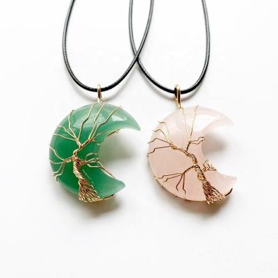 China Europe and America Fashion Crescent Moon Necklace Gift Rope Jewelry Aventurine Chains Rose Quartz Moon Pendant Wire Wrapped Tree of Life for sale