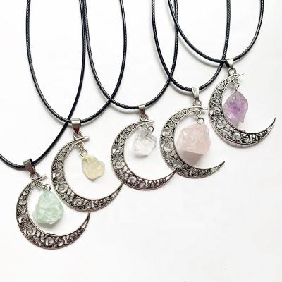 China Vintage Fashion Jewelry Hollow Moon Alloy Necklace Wax Rope Chain Silver Charms Crescent Moon Necklaces Rough Stone Pendant for sale