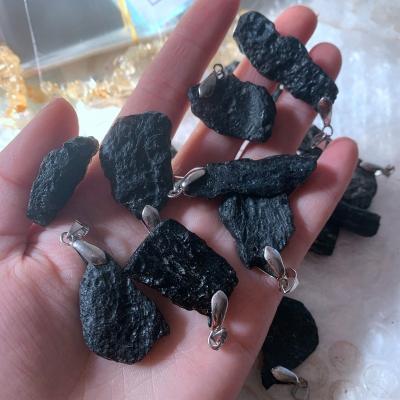 China Vintage Stone Pendant Natural Rough Irregular Shape Tumble Stones Black Meteorite Stone Graphite Pendant Jewelry 1pc for sale