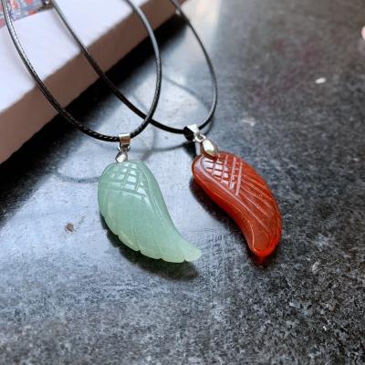 China Fashion Poished Carved Natural Quartz Angel Wings Pendant Necklace Carnelian Aventurine Feather Shape Rope Chain Pendant Jewelry for sale