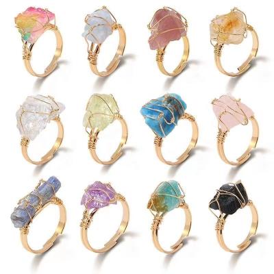 China CLASSIC Adjustable Gold Rings Fashion Jewelry Rings For Men Copper Wire Wrapped Rough Crystal Raw Natural Stone Rings for sale