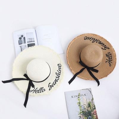 China Picture embroidery hello summer beach hat for sun women, custom straw sunshade design rough brim label logo floppy hats for sale