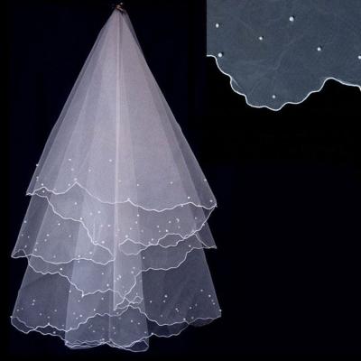 China Wholesale Pearl Ribbon Tulle Double Edge Women Wedding Bridal Veil for sale