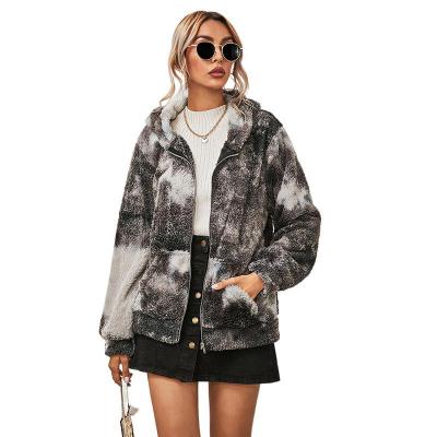 China Anti-pilling autumn and winter European and American tie-dye print long-sleeved hooded zipper plus thick casual velvet jacket women for sale