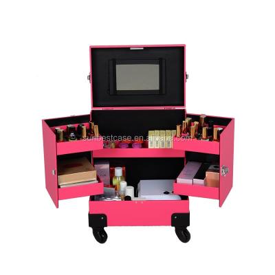 China Large Storage Makeup Artist Cosmetic Trolley Case Leather Rolling Cosmetic Case Beauty Box Toiletry Case With Drawers for sale