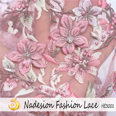 China Viable Handmade French Pink 3d Lace Beaded Embroidery / 3d Rhinestone Beaded Flower Tulle Lace Applique for sale