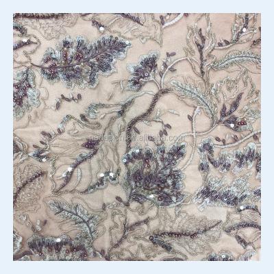 China Sustainable handmade embroidery handmade beaded sequins lace fabric, Aso lace fabric with lace for evening dress. for sale