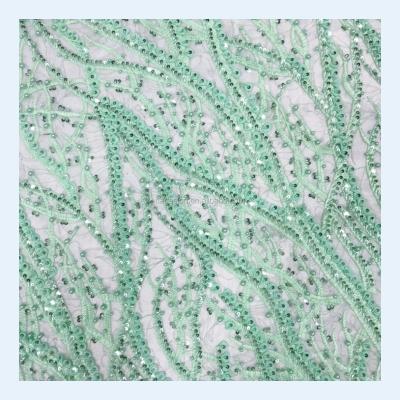 China Handmade Sequin 3D Flower Dress Viable Beaded Lace Fabric Wholesale Sea Green Dress Lace For Party for sale