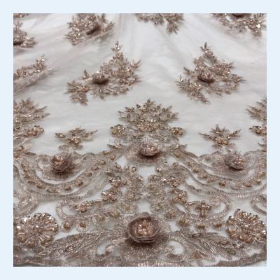 China Handmade 3D Embroidery Viable Flower Tulle Sequin Beaded Lace Fabric Wholesale Evening Dress Lace Fabric for sale