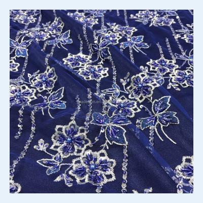 China Sustainable gorgeous hand wok beaded sequin lace fabric 5 yards MOQ fashion handmade lace material for sale