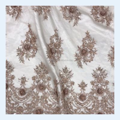 China Hottest Wholesale Sequin Beaded Lace Flower 3D Embroidery Ceremonial Lace Fabric For Wedding Party for sale