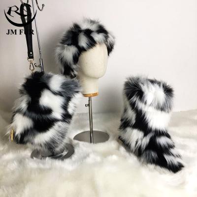 China Hot Sale Anti-slippery Luxury Fashion Winter Faux Fur Colorful Boots With Handbags And Headband Set For Women And Kids for sale