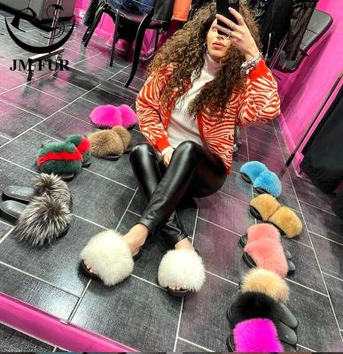 China Fashion Trend Summer Women's Real Fox Fur Furry Outdoor Furry Soft Sandals Wholesale White Fox Fur Slides Slippers for sale