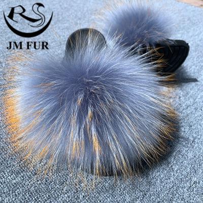 China Wholesale fashion trend women slippers 100% full coverage raccoon fox fur quick hairy slides real shipments for sale