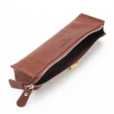 China Gift Brown Full Grain Vegetable Leather Zipper Pen Case Bag for sale