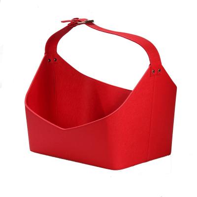 China Sustainable Red Leather Storage Basket Outdoor PU Leather Basket With Handle for sale