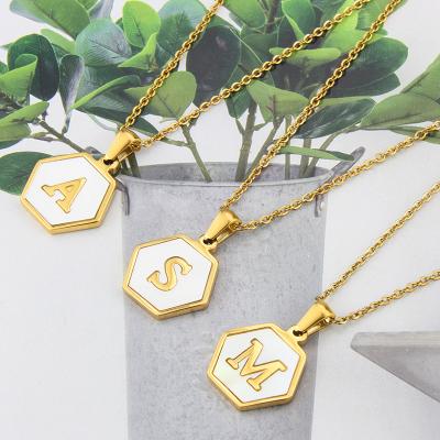 China FASHIONABLE Hexagon Stainless Steel Titanium Steel Shell Initial Letter Pendant Necklace 18k Gold Plated Initial Necklace Chain For Women for sale