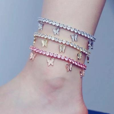 China 2021 Hiphop Fashion Diamond Rose Gold Plated Tennis Butterfly Anklet Bracelet For Women for sale