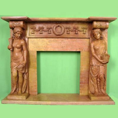 China Hand carved antique sunset red stone fireplace mantels used female sculpture for sale for sale