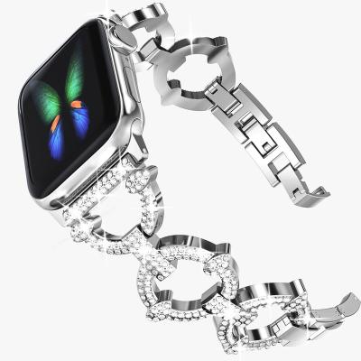 China Fashion Stainless Steel Shell Crystal Inlaid Universal Watch Band For iPhone 8 Se 6 7 Ultra 45mm Metal Strap IWatch Series for sale