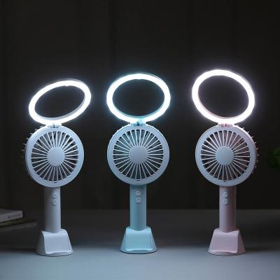 China Hotel new product ideas 2021 rechargeable table hand fan with creative lamp fan dressing table mirror for sale