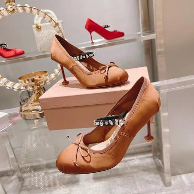 China 2022 factory new silk high-end bow buckle toe Mary Jane shoes faux stone high heels women shallow mouth satin stiletto shoes for sale