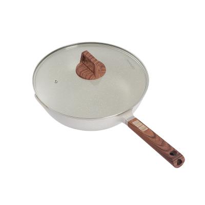 China Viable Manufacturer Non-Stick Frying Pan Flat Bottom Frying Pan With Silicone Handle 28cm 30cm 32cm Factory Wooden Custom Saute Pan for sale