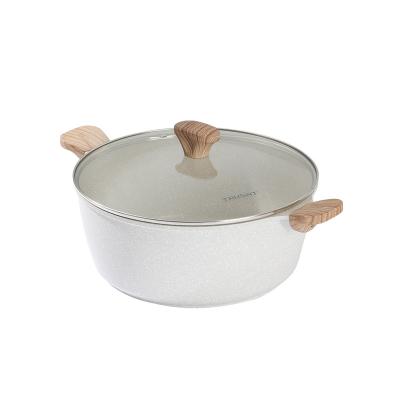 China 20cm 24cm 28cm 32cm Non Viable Wholesale Custom Die Casting Stick Liner Aluminum Stock Pot Soup Pot Induction With Wooden Handle for sale