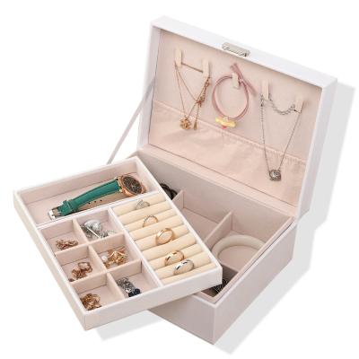 China High Capacity PU Double Layer Ring Necklace Bracelet Earring Storage Box Ladies White Leather Jewelry Box for sale