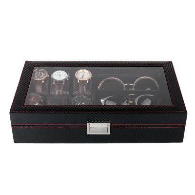 China Watch Storage Display Case Carbon Fiber PU Leather Watch Glasses Luxury 6 Slot Watch Box 3 Slot Glass Case for sale